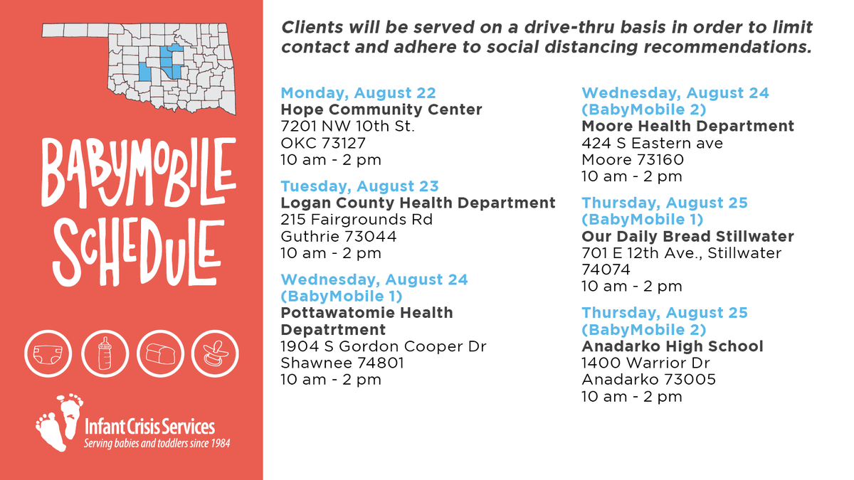 infantcrisis's tweet photo. Are you in need of formula, food, and diapers, or know someone that is? See our BabyMobile schedule for the week and please share it with anyone who may need our services. No appointment is required. https://t.co/HzTgkFpWyo