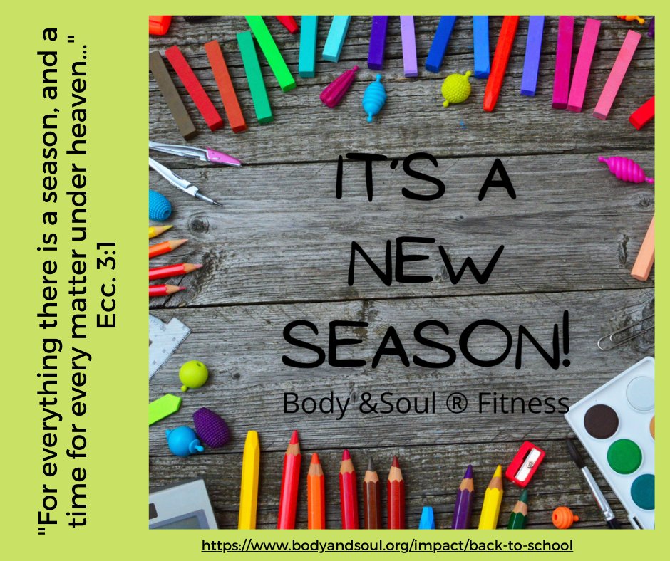 WeRBodySoulFit's tweet image. "For everything there is a season, and a time for every matter under heaven… " Ecc. 3:1  Back to School time!  bodyandsoul.org/impact/back-to…
#backtoschool #fallroutine #schoolisback #faithandfitness #makeeverydaycount #theygrowtoofast #bodyandsoulfitness