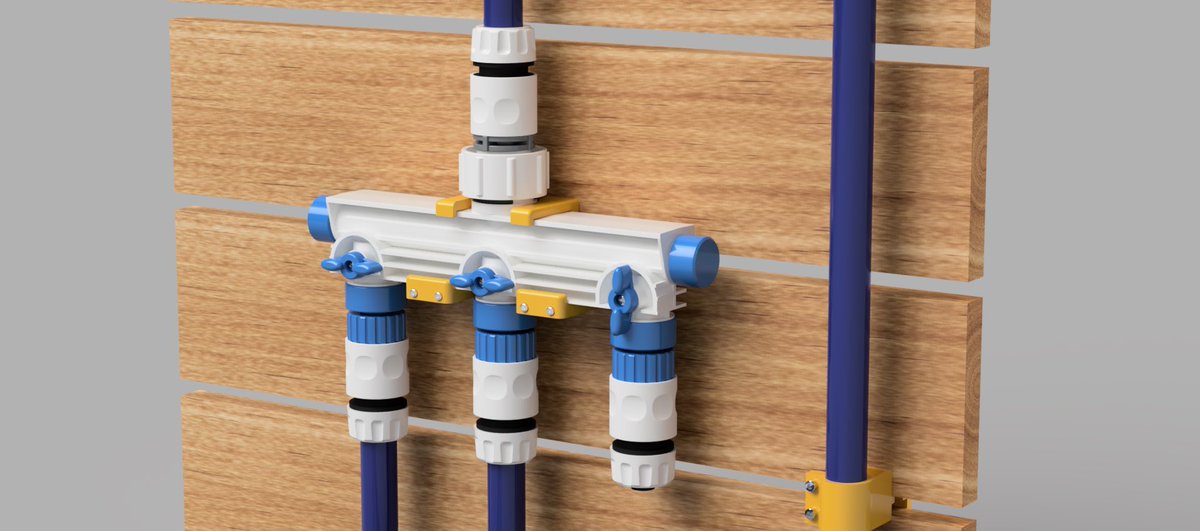 technics009's tweet image. 新たに散水用の分岐水栓をフェンスに設置するため3Dプリンターを利用しようと思い、Fusion360で使用する分岐水栓とそのホルダー、ホースを固定するホルダーをモデリングして3Dプリンターで出力した。
#Fusion360