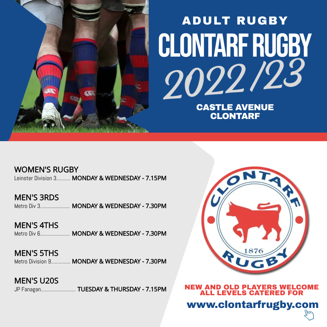ClontarfRugby's tweet photo. Adult Rugby is back in Castle Avenue for the 2022/23 season.

Check out the training times below 👇 

New and old players always welcome, there's a team to suit every level 🏉

If interested drop us a DM and we can give more info.
#WhoAreWe #IrishRugby #FromTheGroundUp https://t.co/E1NGzTBQeh