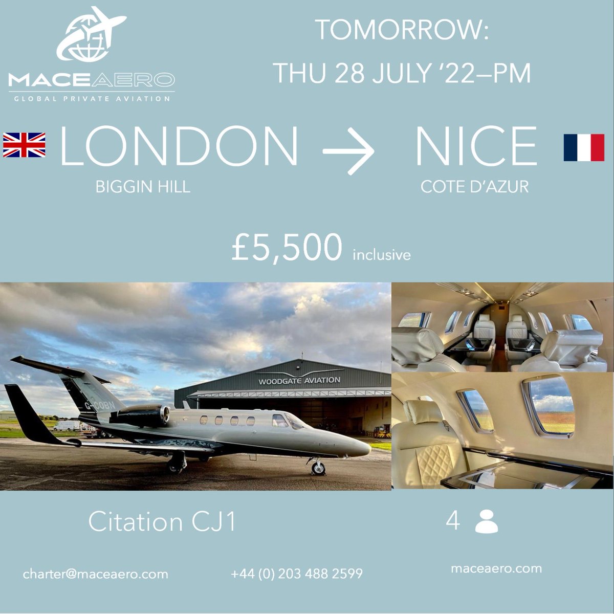 MaceAero's tweet photo. Great opportunity of Empty Leg available ✈️

Contact charter@maceaero.com for your special private jet charter price.

#emptyleg #privatejet #privateflight #jetslondon #emptylegjetcharters  #charter #flyprivate #aircraft https://t.co/75aF2fLJIc