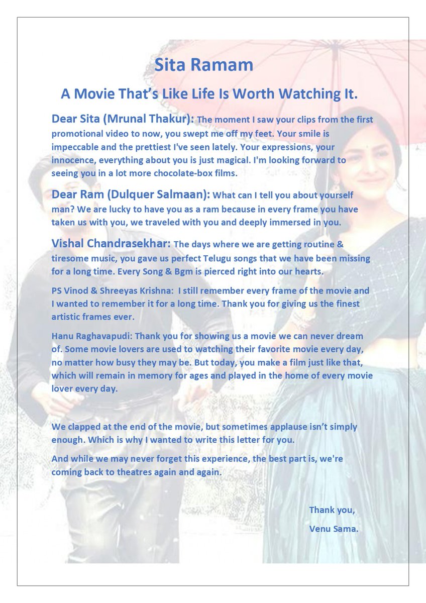 venu_sama07's tweet photo. My Love Letter To #SitaRamam 😘
@mrunal0801 @dulQuer @hanurpudi @VyjayanthiFilms https://t.co/TBWgaD5uKc