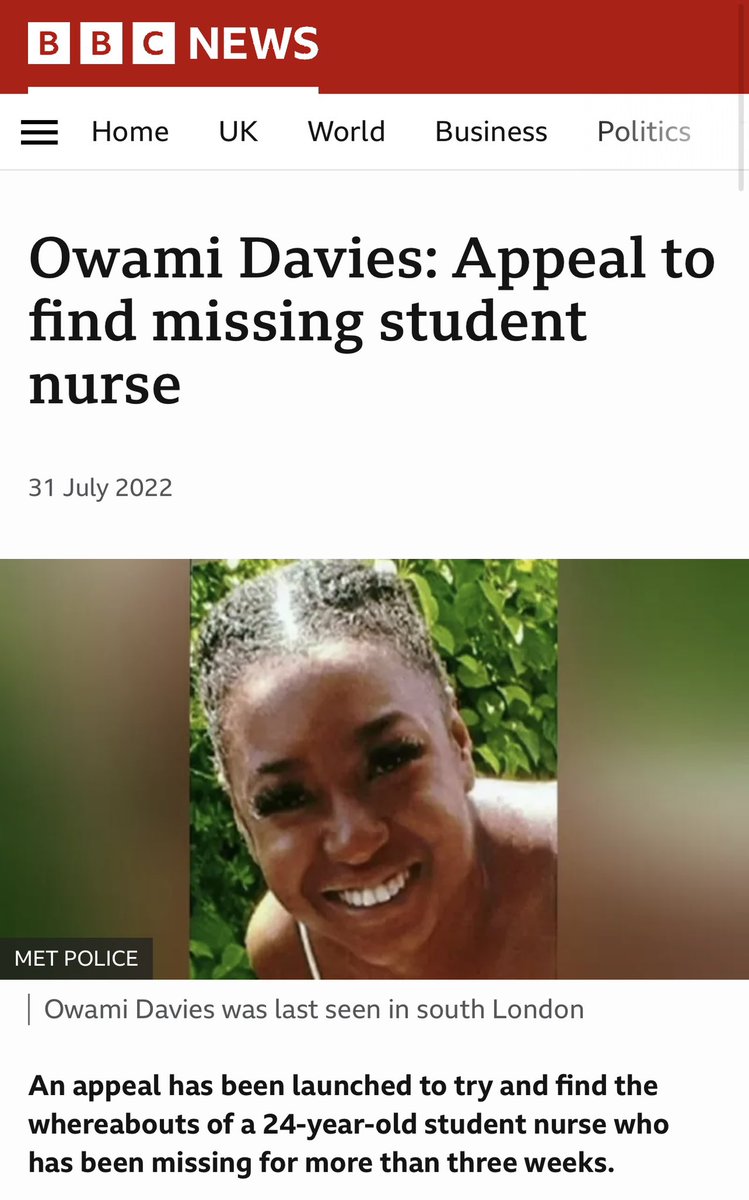 A tale of two missing women: national media reported #SarahEverard missing within 3 days, whereas it took them almost a MONTH for #OwamiDavies.

Why does the media not care about missing black women?
