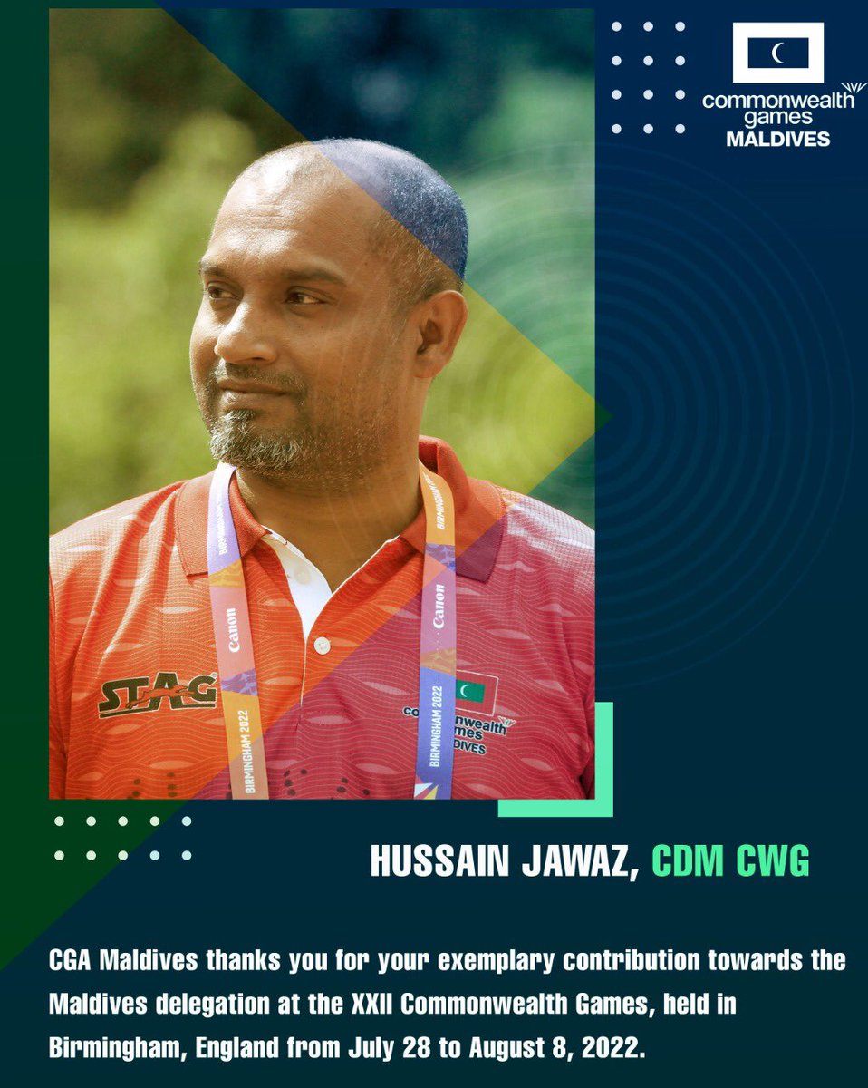 olympicmv's tweet photo. CGA Maldives thanks you for your exemplary contribution towards the Maldives delegation at the XXII Commonwealth Games, held in
Birmingham, England from July 28 to August 8, 2022. https://t.co/NuDsr9epFe