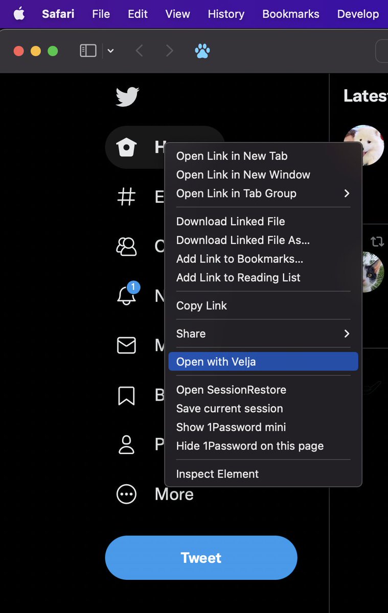 sindresorhus's tweet image. The latest version of Velja includes a Safari extension, which makes it faster to open the current page or a link in a different browser. Just click the toolbar button or right-click a link.

Extensions for other browsers are coming soon.

apps.apple.com/no/app/velja/i…