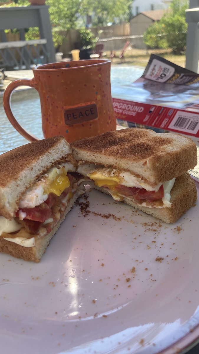 SueMo428dog's tweet photo. Bacon,egg, cheese, tomato on toast. #sundaymorningbreakfast #sunnyholbrook https://t.co/0Dlkg1nljX