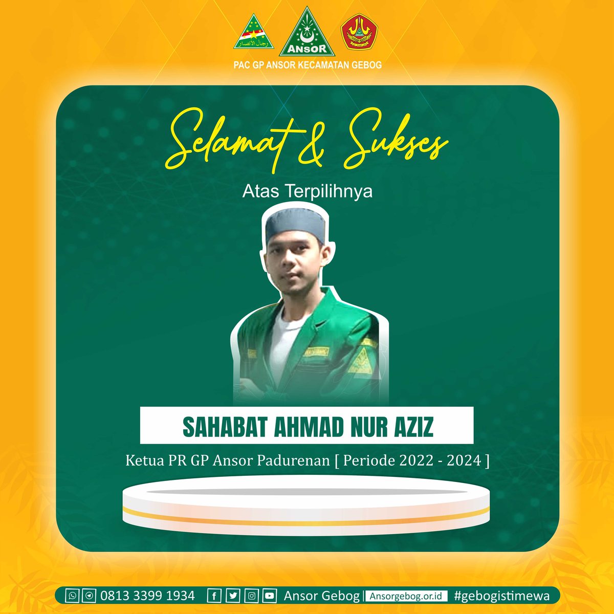 AnsorGebog's tweet photo. [ S e l a m a t  d a n  S u k s e s ]
Atas terpilihnya Sahabat Ahmad Nur Aziz Ketua PR GP Ansor Padurenan periode 2022-2024. https://t.co/ovuC8h1ERz