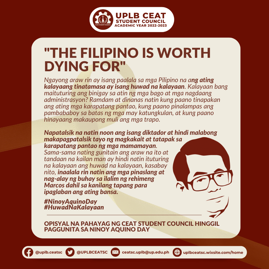 UPLBCEATSC's tweet photo. ["𝗧𝗛𝗘 𝗙𝗜𝗟𝗜𝗣𝗜𝗡𝗢 𝗜𝗦 𝗪𝗢𝗥𝗧𝗛 𝗗𝗬𝗜𝗡𝗚 𝗙𝗢𝗥"]

Sama-sama nating gunitain ang araw na ito at tandaan na kailan man ay hindi natin ituturing na kalayaan ang huwad na kalayaan.

#NinoyAquinoDay
#HuwadNaKalayaan https://t.co/0H0Q92iVvT