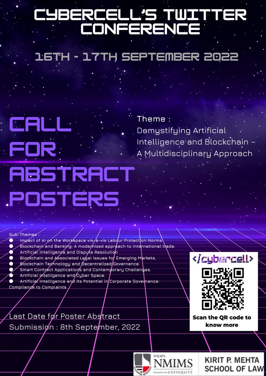 nmims_cybercell's tweet photo. 🫰🏼 Hello, people of Twitter!! The Cyber cell of Kirit P Mehta school of law, Mumbai is now officially beginning with its call for abstracts for its upcoming "Twitter conference".
#NMIMSCyberCellTalks #callforabstracts https://t.co/rVYtfW9UV7