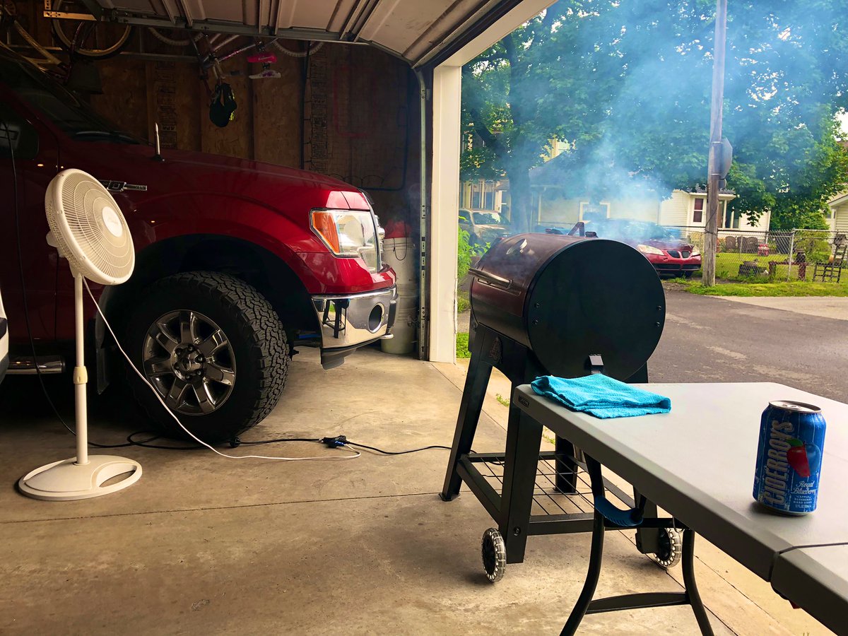 Chance of rain…no worries…wheel that dude in the garage… #Smokin #PitBoss #Brisket #SundayFunday #CiderBoys #AppleBlueberry