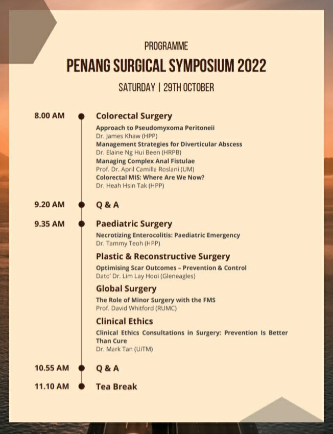 Penang Surgical Symposium 2022 @ 28-29th Oct 2022, Ascott Gurney Penang, 🇲🇾 
Let's reconnect for the latest surgical updates &amp; a getaway in the Pearl of the Orient.See u soon
Registration @ docs.google.com/forms/d/1qcZNx…
#PenangSurgicalSymposium #SurgicalUpdates
<a href="/T4UGIS/">TUGSS</a> <a href="/StudentsTugs/">TUGSS Students</a>