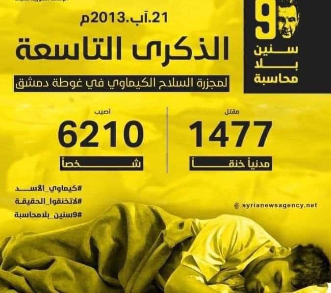 ndyalzby1's tweet photo. قبل تسع سنوات، تجاوز نظام الأسد كل الخطوط الحمراء، وعلى مرأى العالم قصف غوطة دمشق بالكيماوي مخلفا نحو ١٥٠٠ شهيد 
فيما تسعى العديد من الدول اليوم لإعادة تعويمه متجاهلين كل جرائمه

#لاتخنقوا_الحقيقة

#Donotsuffocatetruth

#9سنين_بلامحاسبة

#9YearsWithoutAccountability https://t.co/k8WM2Kt4cv