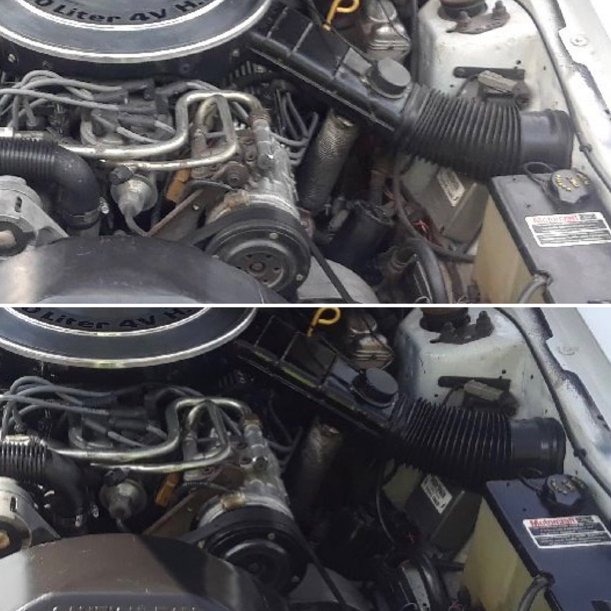 jphirsch's tweet photo. First engine bay detail in 37 years and 17,637 original miles. A split heater hose sprayed coolant everywhere. Came out looking great .::. #mustang #mustanggt #enginedetailing #foxbody #classiccars #getoutanddrive #noboringcars #neverstopdriving #funwithcars @RadwoodOfficial https://t.co/FMdUJwIr69