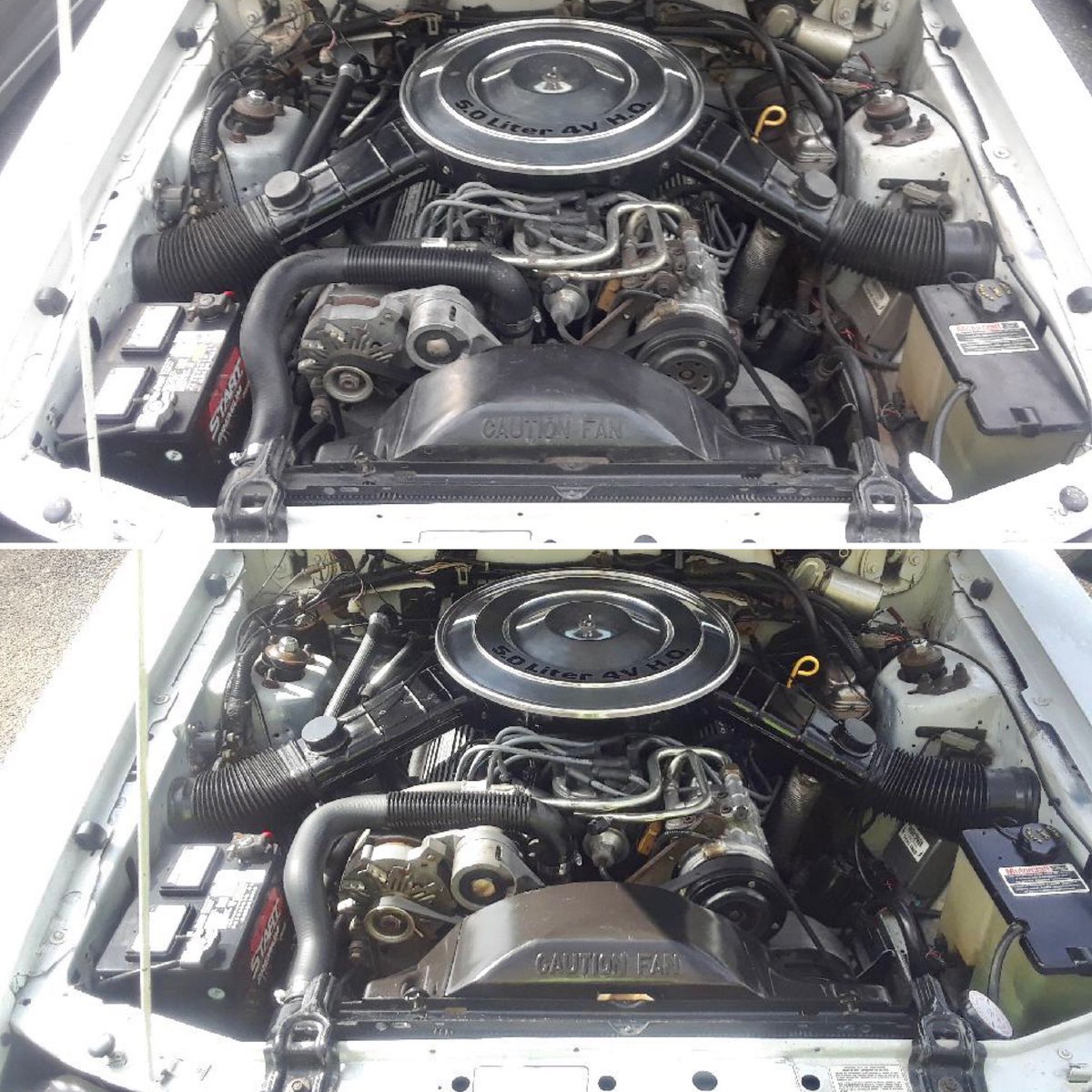 jphirsch's tweet photo. First engine bay detail in 37 years and 17,637 original miles. A split heater hose sprayed coolant everywhere. Came out looking great .::. #mustang #mustanggt #enginedetailing #foxbody #classiccars #getoutanddrive #noboringcars #neverstopdriving #funwithcars @RadwoodOfficial https://t.co/FMdUJwIr69
