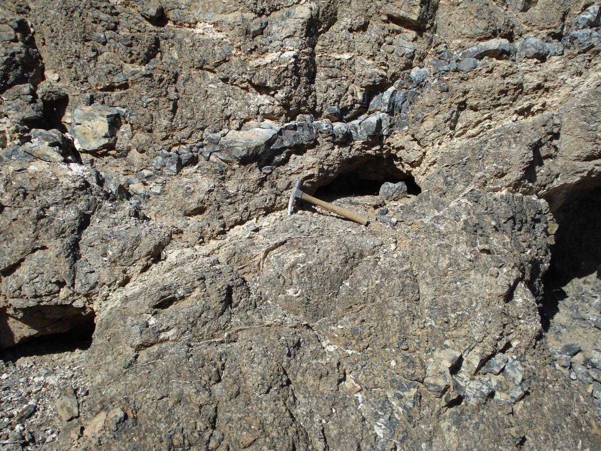 AZGeology's tweet image. Serpentinite dike cutting harzburgite of Orocopia Schist at Cemetery Ridge, southwest Arizona. Cemetery Ridge is a rare and important example of a far-inland #subduction complex exposed in southwestern Arizona. #Geologic map: repository.azgs.az.gov/uri_gin/azgs/d…