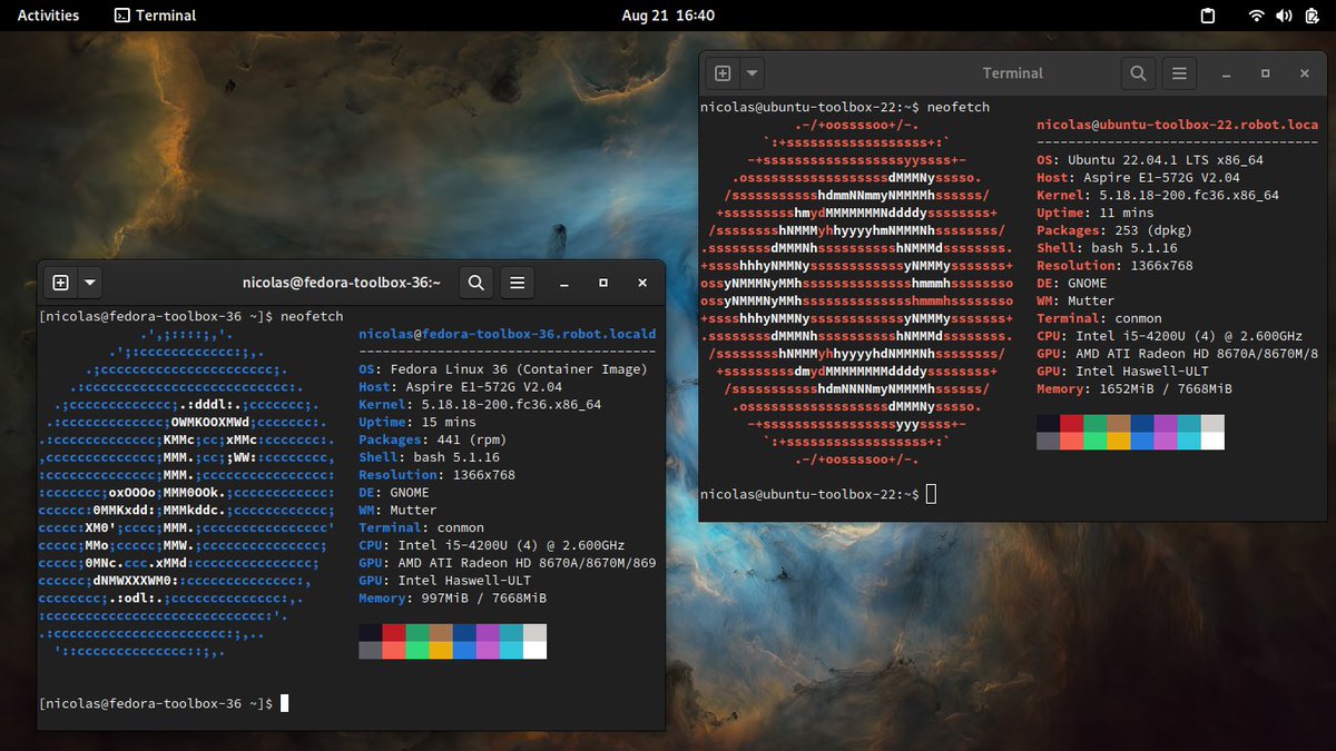 nicdm's tweet image. Little bit of playing with #distrobox on my #fedorasilverblue testing laptop