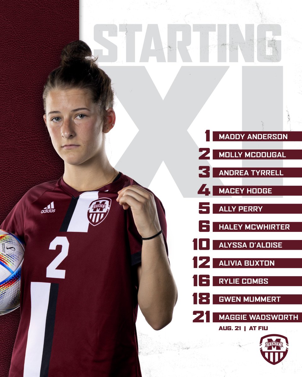 HailStateSOC's tweet photo. Meet your 𝐒𝐨𝐮𝐭𝐡 𝐁𝐞𝐚𝐜𝐡 𝐒𝐭𝐚𝐫𝐭𝐢𝐧𝐠 𝐗𝐈 for Match Day✌️🏽

Freshman @mollygmcdougal grabs her first collegiate start!

📺 https://t.co/lLKsUUp5hr
📊 https://t.co/4P0nSbmUi3

#HailState🐶 https://t.co/aTS0lCJhBt