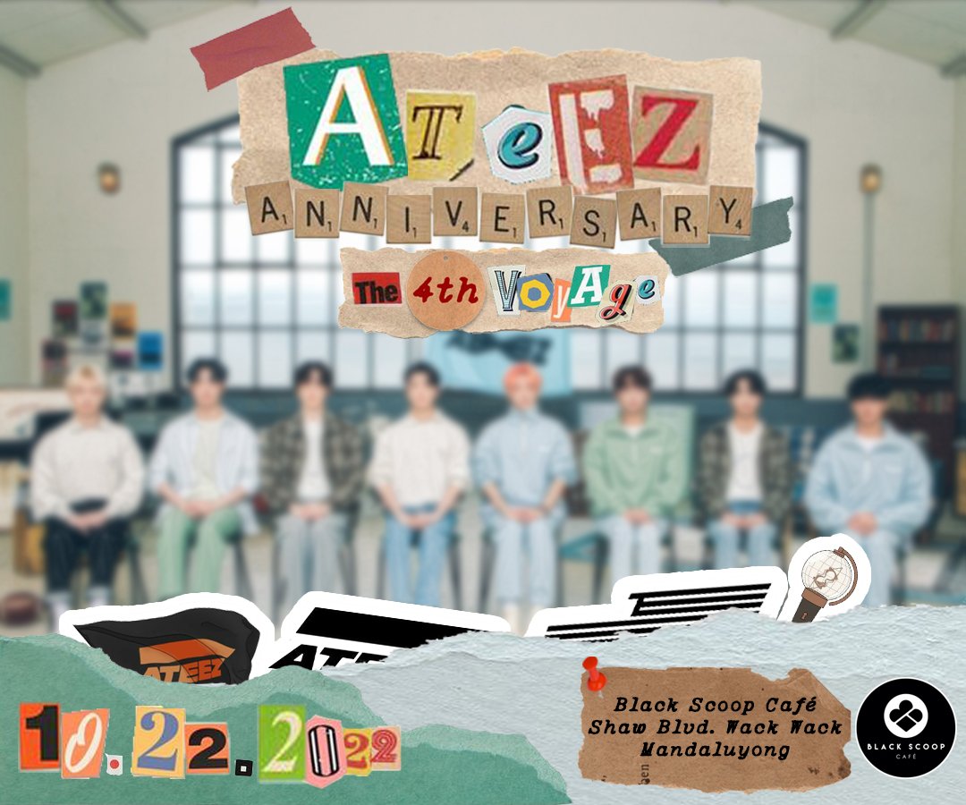 _xviiimultifan's tweet photo. ATEEZ ANNIVERSARY : THE 4TH VOYAGE 🏴‍☠️

Ahoy, Matey! We are inviting you to an offline cupsleeve event for ATEEZ 4th Anniversary! See you there~

When: OCT 22, 2022  
Time: 1-5PM
Where: Black Scoop Café - Shaw Blvd. Wack Wack

Registration Form: https://t.co/RKhe2phzDk https://t.co/uzkgciIGyl