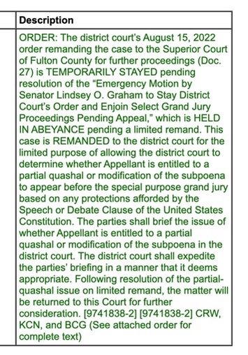 JoyceWhiteVance's tweet photo. The 11th Circuit significantly delays Fani Willis' ability to take Lindsey Graham's testimony, remanding the case to the district court for it to decide if the subpoena can be quashed b/c of the speech &amp; debate clause. This could be months, not weeks. https://t.co/zlO5cjZ6Yc