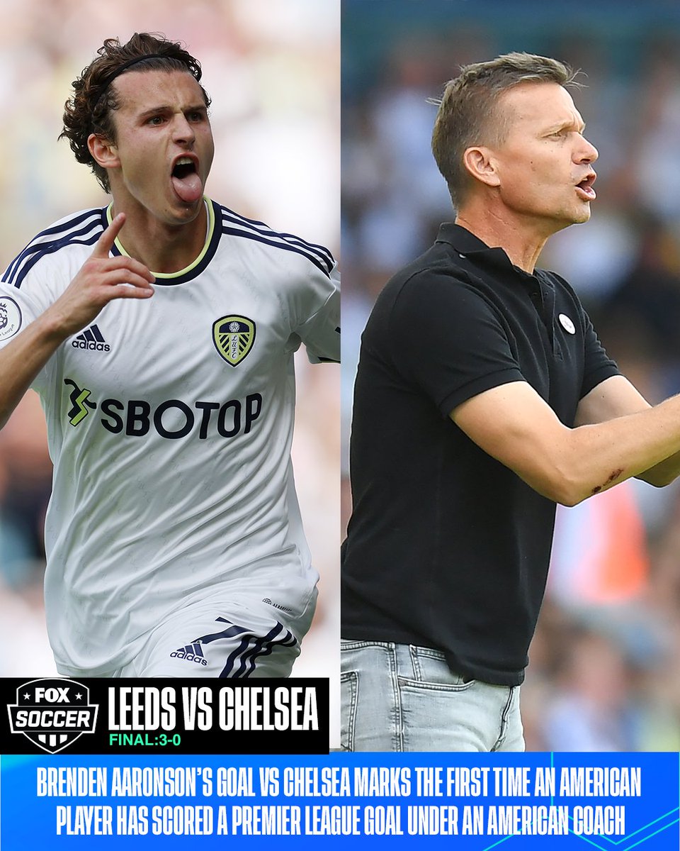 FOXSoccer's tweet photo. Brenden Aaronson’s goal vs Chelsea marks the first time an American player has scored a Premier League goal under an American coach 🇺🇸 https://t.co/CE8aM36sw7