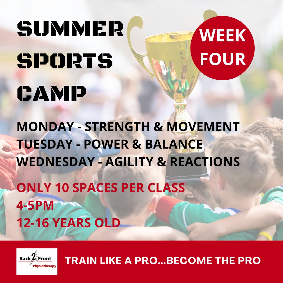 We are heading into Week Four of our Summer Sports Camp and lots of our junior athletes are reporting improvements in their strength, stamina and performance.
It's not too late to get your child involved - we have spaces available on this week's sessions.
back2frontphysio.com
