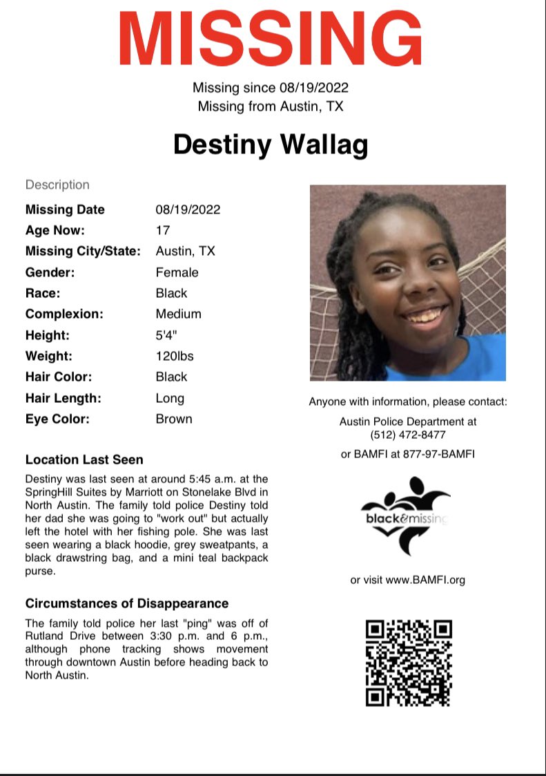 BAM_FI's tweet photo. #Austin, TX: 17y/o Destiny Wallag last seen around 5:45 a.m. at the SpringHill Suites by Marriott on Stonelake Blvd in North Austin. 

The family told police Destiny told her dad she was going to "work out" but actually left the hotel with her fishing pole. 

#HelpUsFindDestiny https://t.co/AvApdArkus
