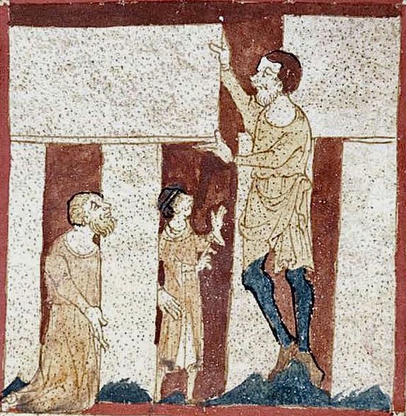 Depiction of a giant being instructed by Merlin to build Stonehenge - from Geoffrey of Monmouth’s “The History of the Kings of Britain”