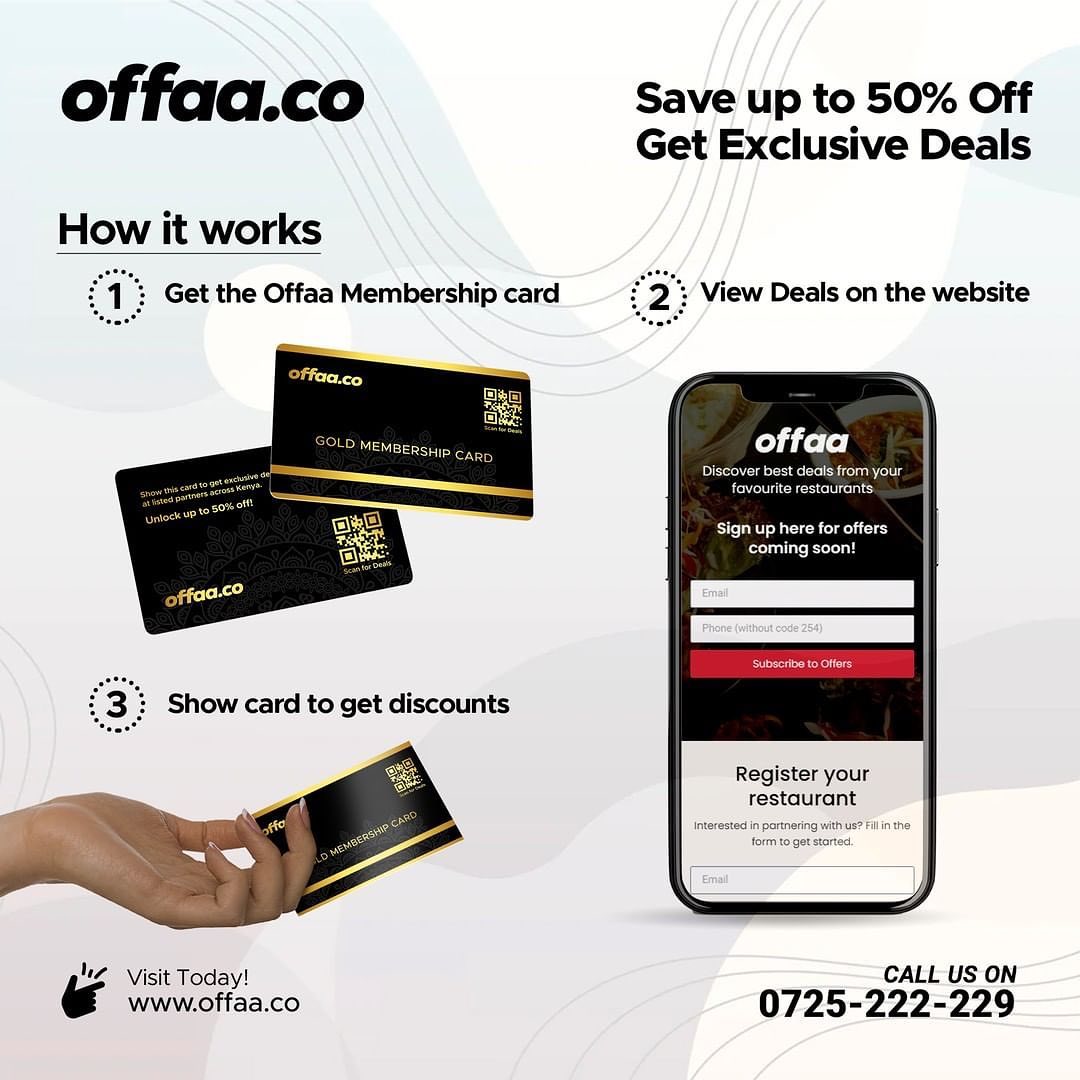 Offaame's tweet photo. How to Use the Offaa Card?
1. Pay Ksh 1000 to become a member
2. Get your Offaa Membership card
3. Show your card to get discounts
Get your Offaa card from an agent or sign up on our website: https://t.co/piMmE25P9p https://t.co/FquDdAC6da