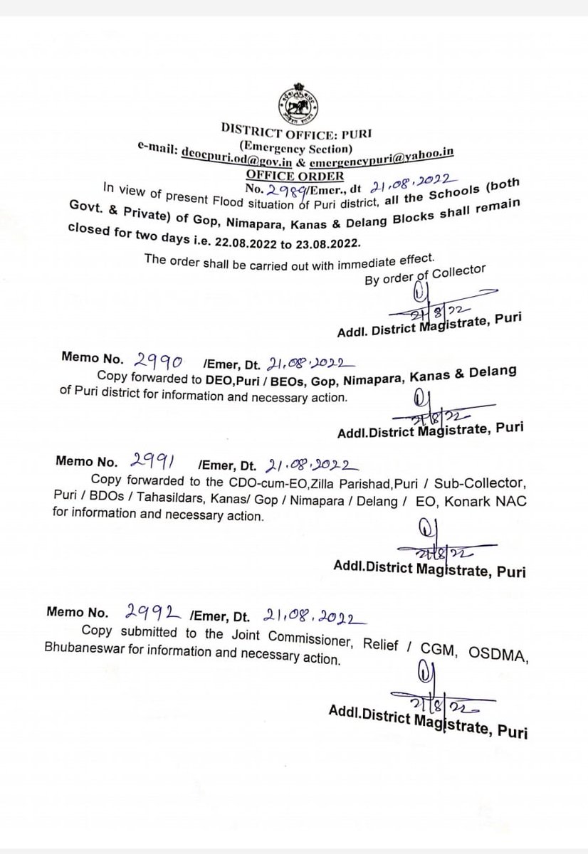 In view of the flood situation, all the schools (both Govt. and Private) in the blocks of Gop, Nimapara, Kanas &amp; Delang shall remain closed on 22/08/22 and 23/08/22.

#MoPuri