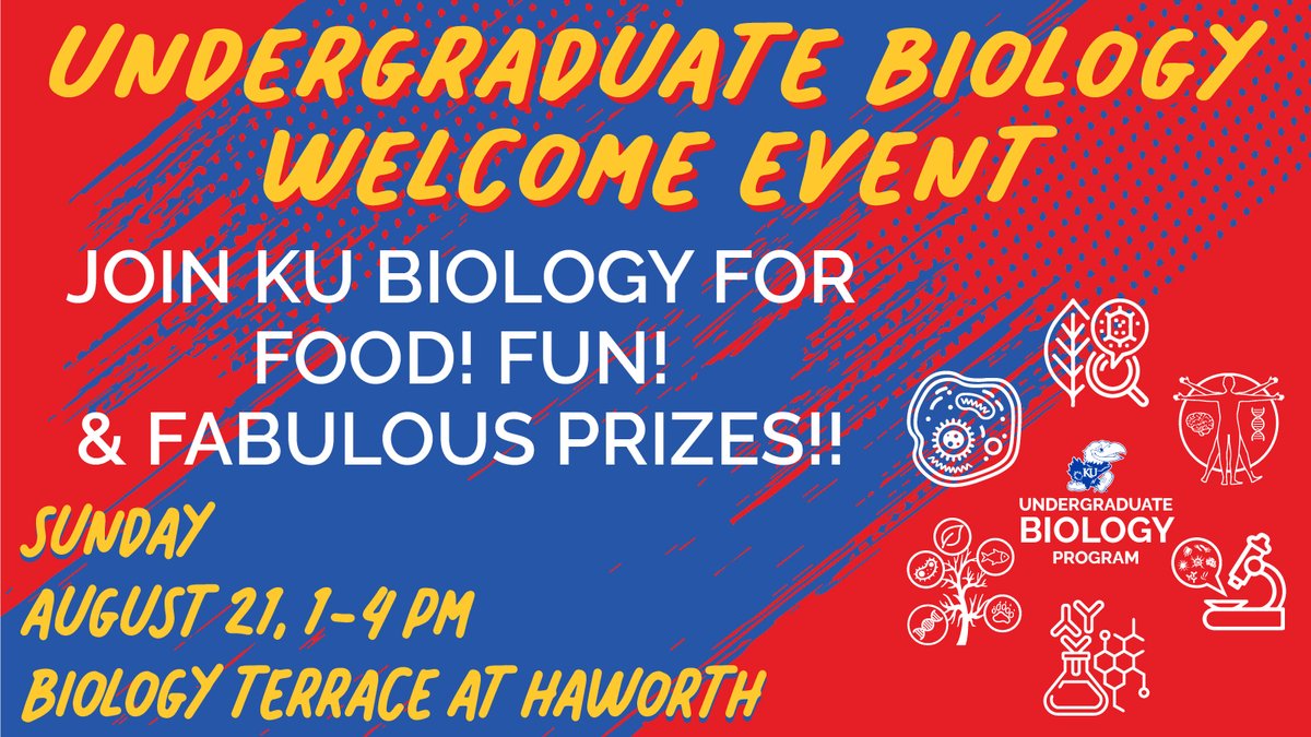 KUbiology's tweet image. Stop by the Biology Welcome Event! Visit us from 1:00pm-4:00pm at the Biology Terrace at Haworth &amp;amp; win free SWAG! Be there or be a 😎👉👉Punnett Square!

calendar.ku.edu/event/undergra…

#hawkweek #Kubiology