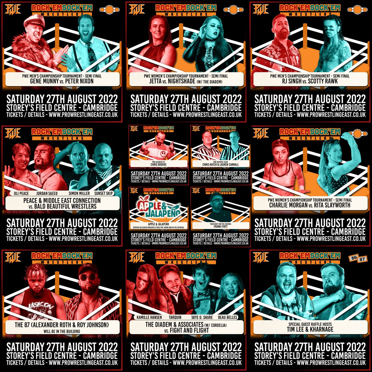 Still tickets for this. Madness. Less than a week away. Saturday 27th at <a href="/storeysfield/">Storey's Field Centre</a> in #Cambridge. See who progresses to our tournament finals plus much more! prowrestlingeast.co.uk for tix
