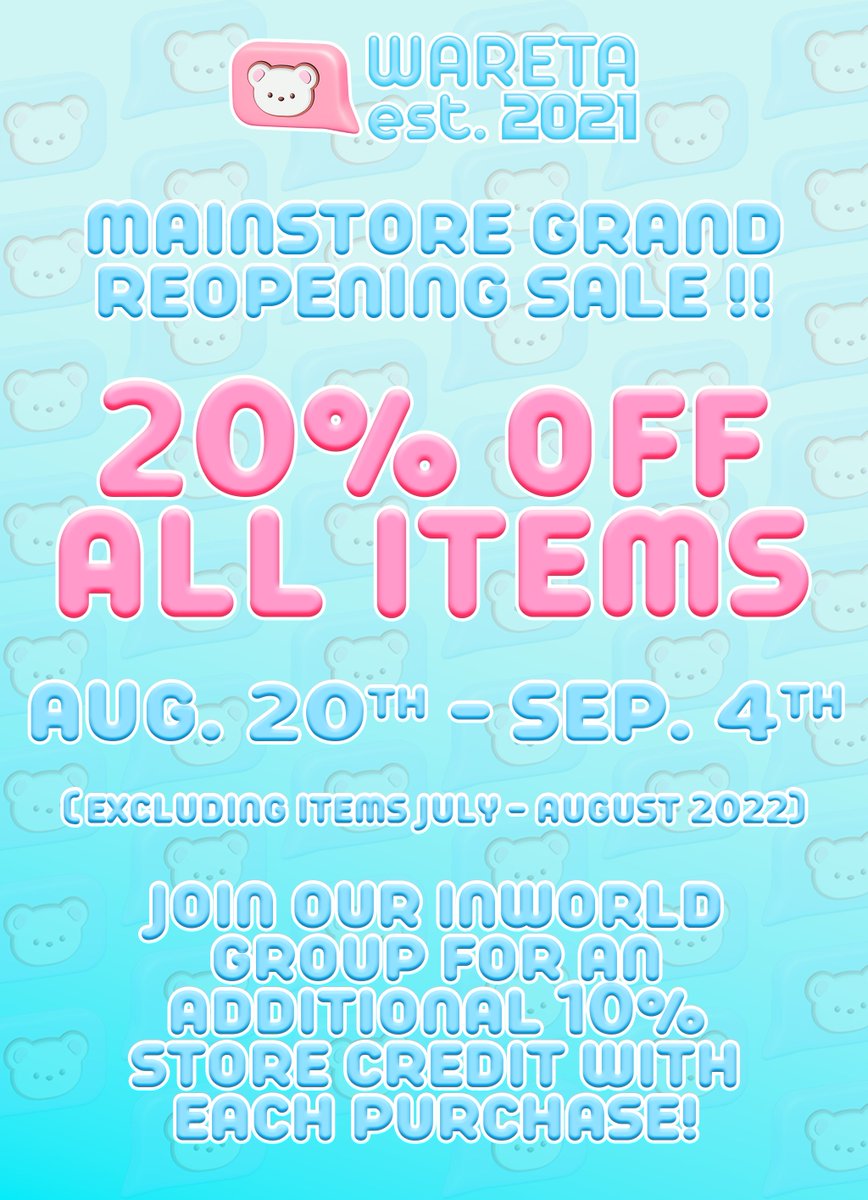 waretaSL's tweet photo. The .WARETA. Mainstore has moved locations! To celebrate, we're having a 20% sale on everything (excluding items from Jul 22 - Aug 22) !
Discount will be refunded upon purchase~
Sale starts today, 20th Aug and goes until 4th Sep
https://t.co/FLNbEiVvPk
#secondlife #wareta https://t.co/iOc6h8MPKV