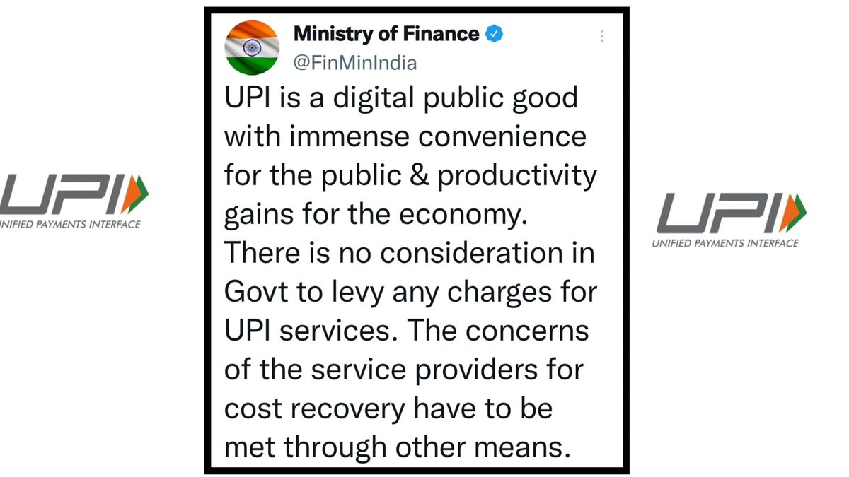 InvestTales's tweet photo. Official: Rumours On Charges On UPI Transactions Are Fake. 

🔹 UPI Payments Will Remain Free
#UPIpayment #UPICharges #UPI https://t.co/doGcMTKvQM