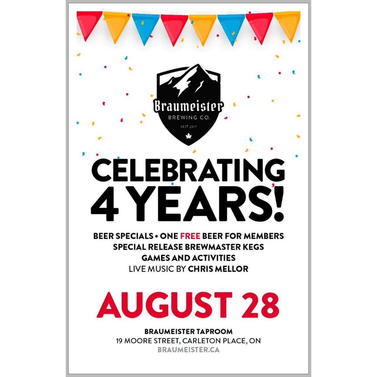 Come join us next Sunday (August 28th) from 12-8pm as we celebrate our 4 year anniversary! 

There will be drink specials, giveaways, live entertainment, and games and activities for all ages throughout the day!

Hope to see you there! Prost!