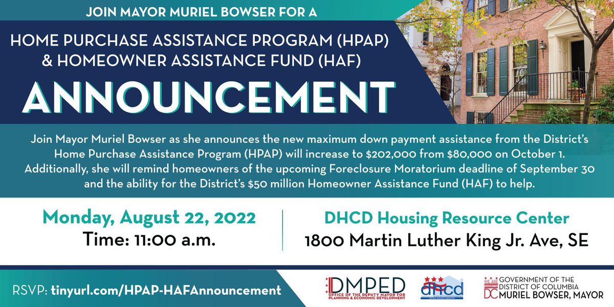 Starting October1, the new maximum down payment assistance from the Home Purchase Assistance Program (HPAP) will increase from $80,000 to $202,000

Already own a home? DC has $50 million to support homeowners who have fallen behind on mortgage, HOA fees, utilities, etc. #FairShot