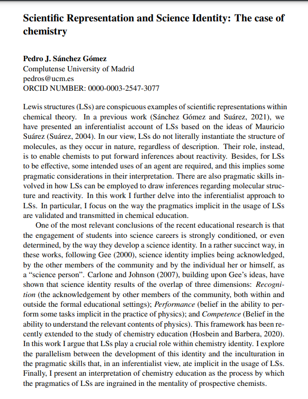 🧪🧪🧪🧪🥼"Scientific Representation and Science Identity: The case of chemistry" by Pedro J. Sanchez Gomez