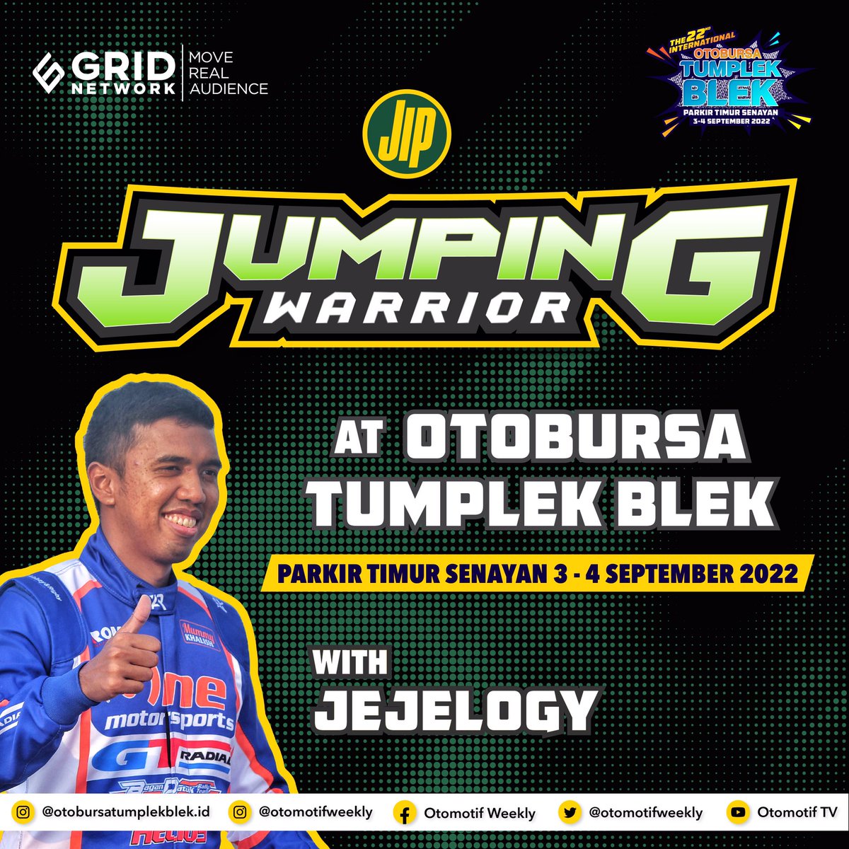 Gridotocom's tweet photo. JUMPING WARRIOR WILL BE BACK, GUYS!
Bakal ada Julian Johan yang akan jadi special driver buat pertunjukan Jumping Warrior tahun ini. Penasaran sama aksinya?
Jangan lupa datang tanggal 3-4 September 2022, di Parkir Timur Senayan, GBK ya!
โขโขโข
#AutoBangkit #TumplekBlek2022 https://t.co/indqz7Lodo
