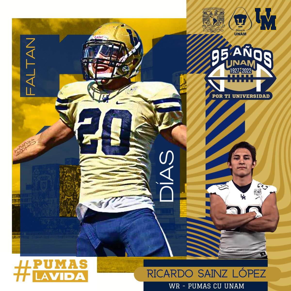 PUMASCUfanbase's tweet photo. 🏈 Faltan 20 días para la #LigaMayor2022🔥
👉🏼PUMAS #20 RICARDO SAINZ LÓPEZ - WR

2X CAMPEÓN EN @PumasCU_fba '14 y '17

RESPONSABLE DIRECTO DEL ÚLTIMO CAMPEONATO atrapando pase de 38 YDS de manos del grandioso QB DANIEL DE JUAMBELZ

#PumasLaVida #SoyDeporteUNAM #PositivamenteUNAM https://t.co/bCRSixWwps