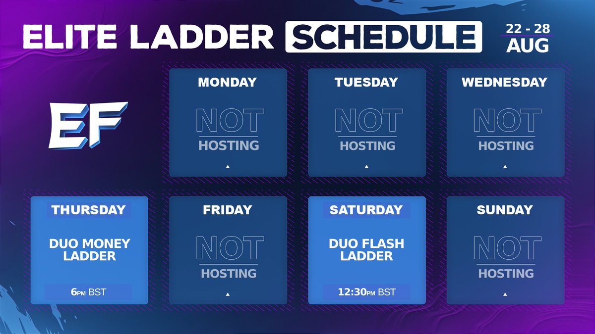 EliteFNDivision's tweet photo. Money ladders are back! 💰

Check out our schedule for the coming week below 📆

Like if you want us to keep posting our schedule on Twitter weekly! 👍 https://t.co/SYfpnviMZG