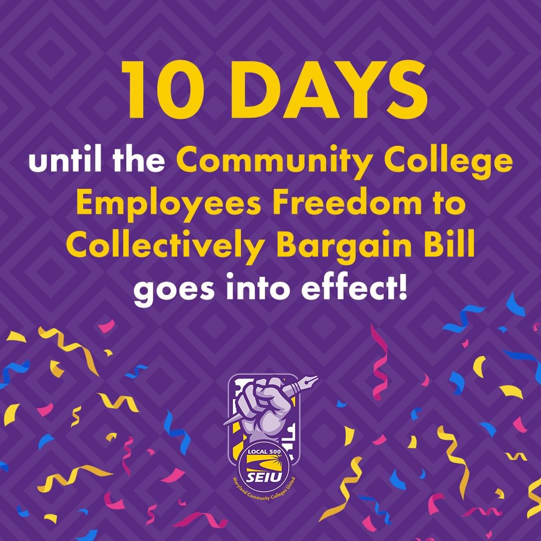 SEIU500's tweet photo. In just ten days, the collective bargaining bill we fought hard and long for goes into effect! Once it does, we’ll have the power to shape the jobs we want, marking a new era for us faculty here in Maryland. https://t.co/xlIQYCi2sK