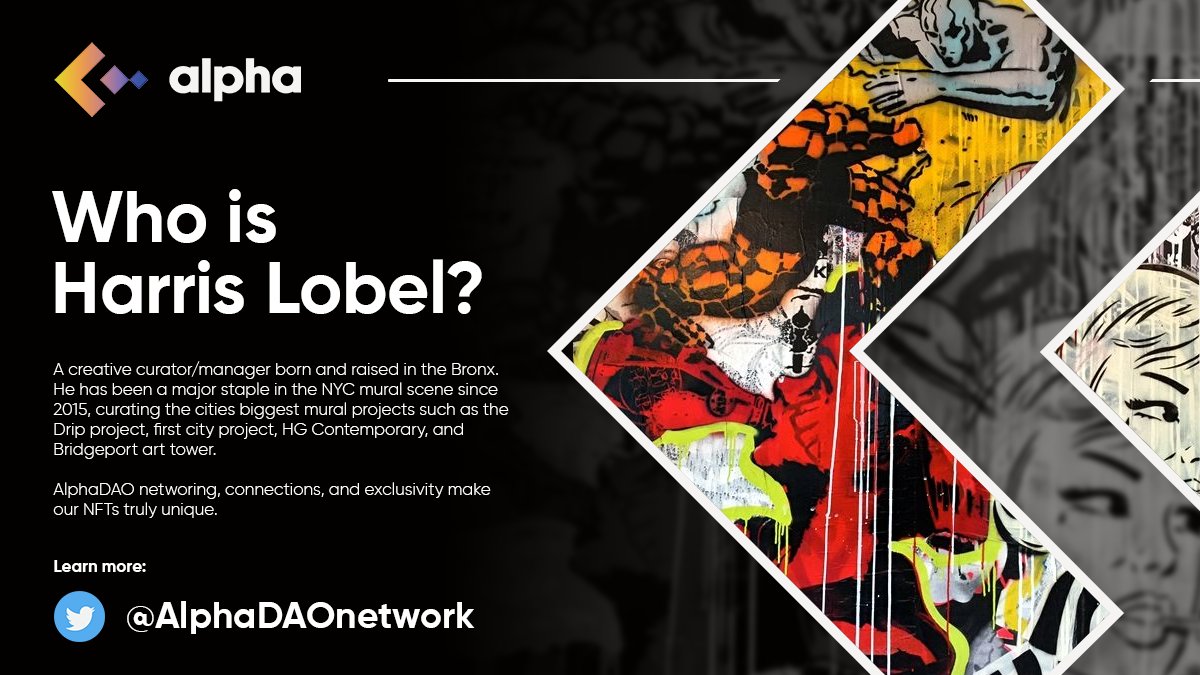 alphadaonetwork's tweet photo. Meet #HarrisLobel, an #award-#winning art #curator from the #Bronx. His #artwork has become a major staple in the #mural scene since 2015, curating the biggest #mural projects such as the #DripProject, #FirstCityProject, #HGcontemporary, and #BridgeportArtTower. https://t.co/sZeQRHFRfK