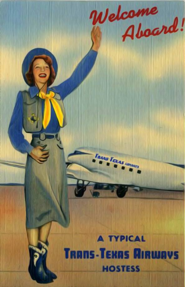 TracesofTexas's tweet photo. Trans Texas Airways advertisement card circa 1950. Trans Texas later became Texas International and finally merged with Continental in 1984. Can you imagine wearing cowboy boots as a stewardess I love the graphics on this. Super! https://t.co/VSoJjRVqHy