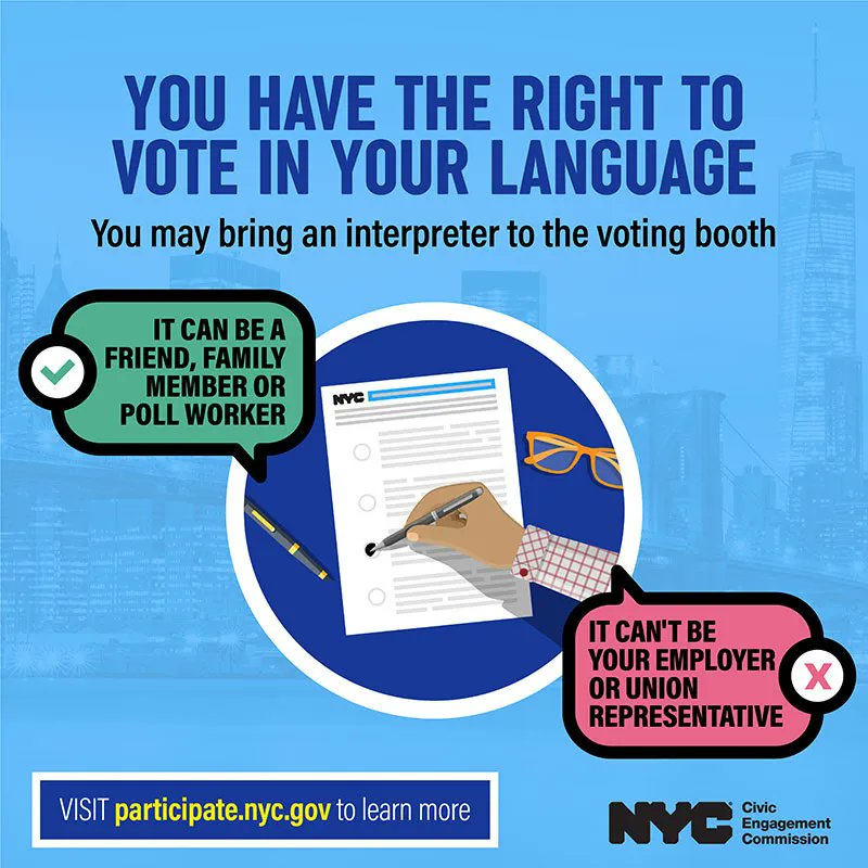 CIANAINC's tweet photo. NYC, you have the right to #vote in your language!🗳️ You may bring an interpreter to the voting booth for both #earlyvoting AND #ElectionDay. @NYCCEC will have interpreters in select languages and poll sites. Visit https://t.co/NkpEDM8lDu to learn more! #AugustPrimary🗽 https://t.co/YJax7vSGwz