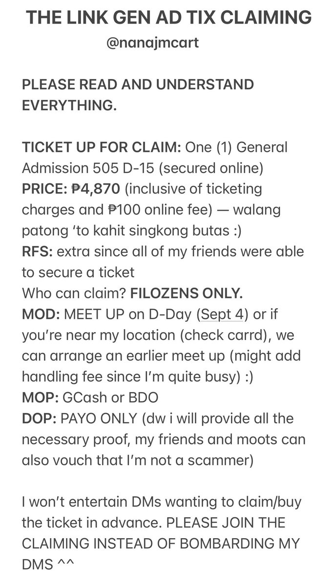 nanajmcart's tweet photo. 🛒 wts ¦ lfb ¦ ph

[NOT THE CLAIMING TWEET]

✷𓂃 NCT 127 The Link Tour Manila Gen Ad Ticket 

— ₱4,870 (inclusive of ticketing charges and ₱100 online fee)

here are the full details and claiming mechanics. kindly read and understand everything!

#. general admission 505 tix https://t.co/afiOXNMbrM