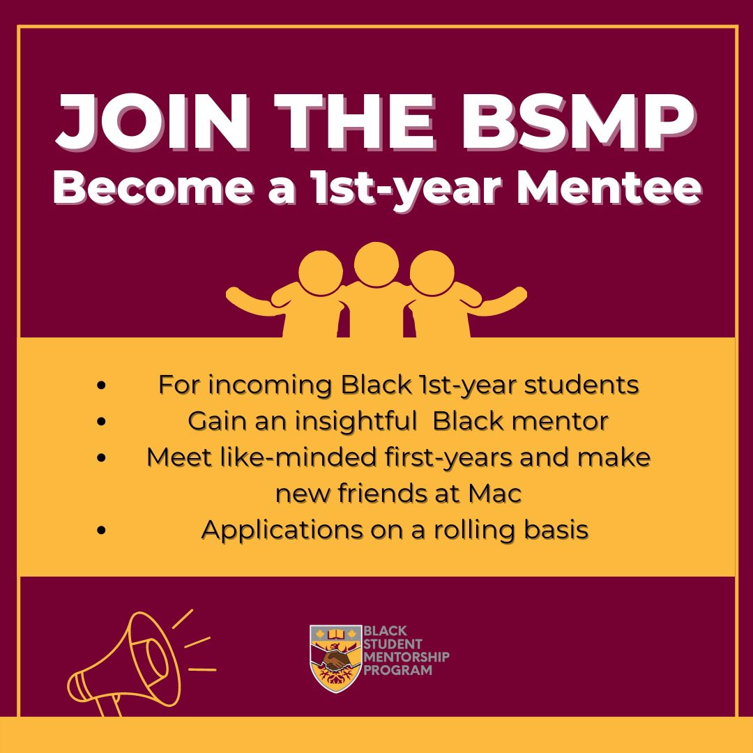 BSMP_McMASTER's tweet photo. It’s our favourite time of the year…The BSMP is now recruiting Mentors and Mentees for the 2022/23 School-year! Fill out the application form in our Bio before August 31st 2022 to become a BSMP Mentor or Mentee and gain an insightful mentor and life long friends! https://t.co/jzUVG5M7cz