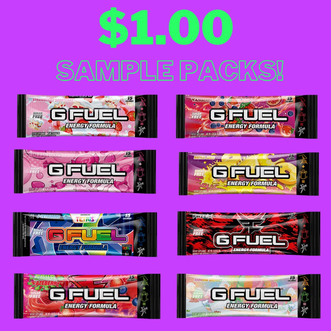 💜 𝗟𝗜𝗞𝗘 + 𝗥𝗧 to win 10 #GFUEL SAMPLE PACKS of your choice! Picking 2 winners on Monday because select Sample Packs are now just $𝟭.𝟬𝟬 𝗗𝗢𝗟𝗟𝗔𝗥 𝗔 𝗣𝗔𝗖𝗞! 🤩 

🛍️ 𝗦𝗛𝗢𝗣 𝗗𝗢𝗟𝗟𝗔𝗥 𝗠𝗘𝗡𝗨: GFUEL.com/collections/do…