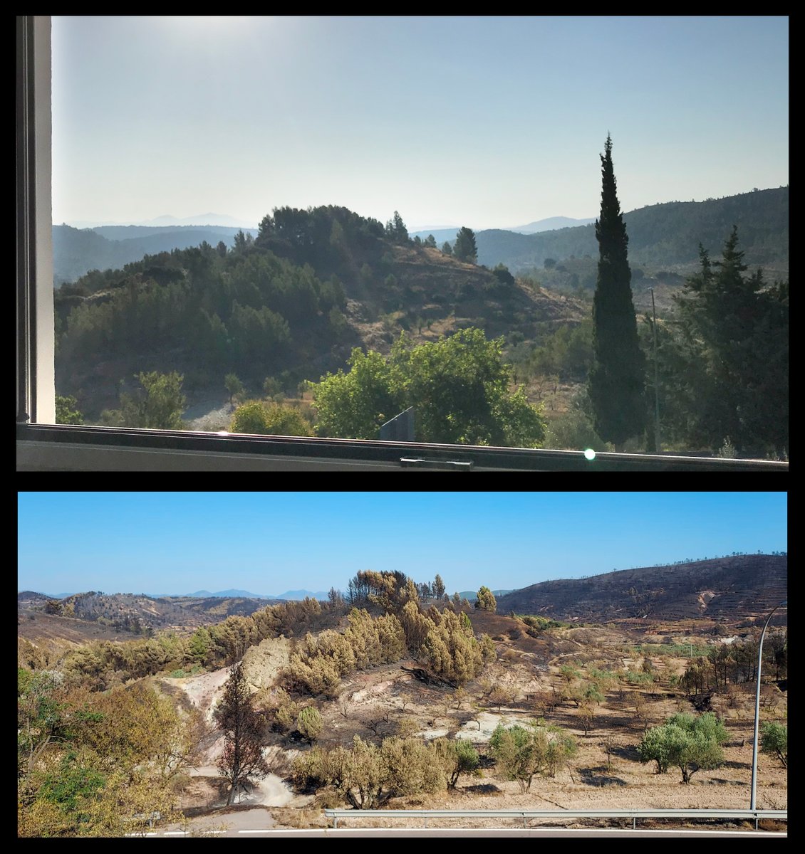 La foto de arriba la tomé hace 2 veranos desde la ventana de nuestra casa en #Torás.
La foto de abajo fue tomada ayer por mi padre, tras el paso de las llamas del #IFBejís. 
Devastador.
#IFtoras