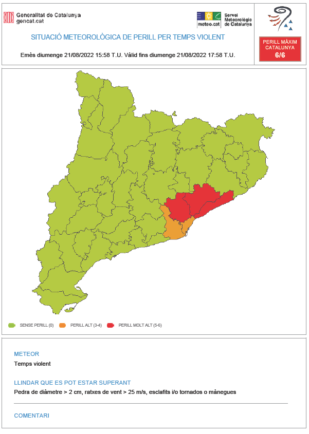 ⚠ El Servei Meteorològic de Catalunya emet un avís per temps violent (#avisosSMP) ⚠

➡ Dg. 15:52 TU - 17:58 TU 

➡ Possibilitat de pedra de diàmetre > 2 cm, ratxes de vent > 25 m/s, esclafits i/o tornados.