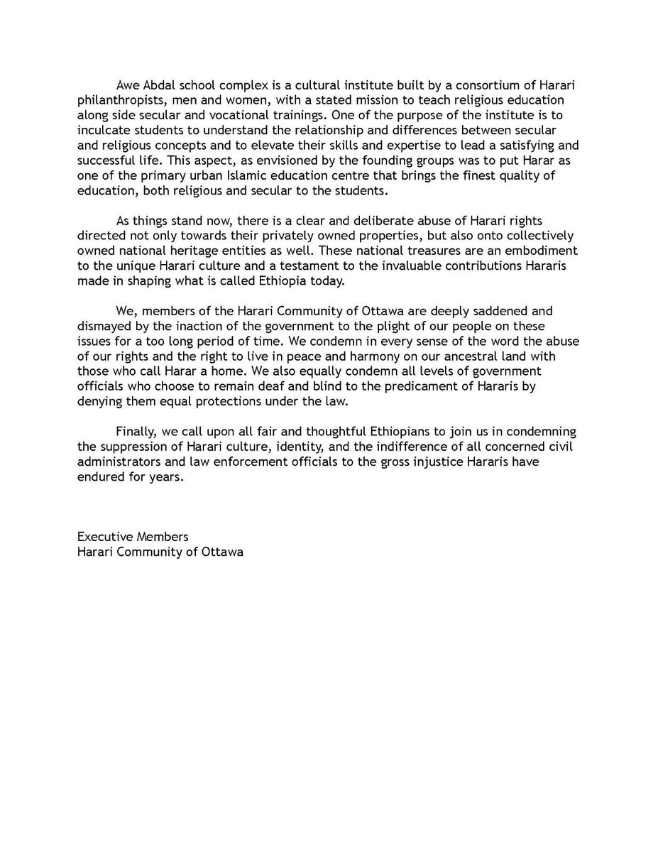 HarariCouncilON's tweet photo. …and the chorus rises louder. 

Harari Community of Ottawa statement on the ongoing situation of the Aw Abdal Institute. #Harar https://t.co/spFEXAWmKY