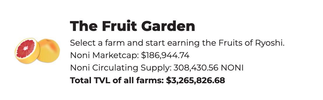 FruitsofRyoshi's tweet image. Our #Dogechain Welcome Gardens TVL is steadily increasing.

Current TVL: $3.27M

Current Garden APRs:
$YUZU - $DOGE: 1,032%
$NONI - $DOGE: 4,952%
$YUZU single sided staking: 114%
$NONI single sided staking: 3,261%
$wwDOGE single sided staking: 450%